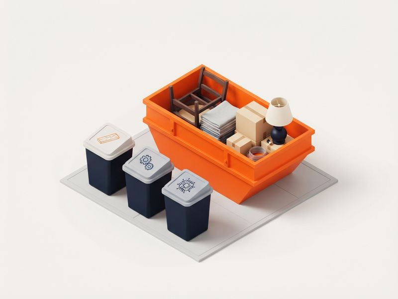 Illustration: Mulde mit alten Möbeln und Recyclingbehältern