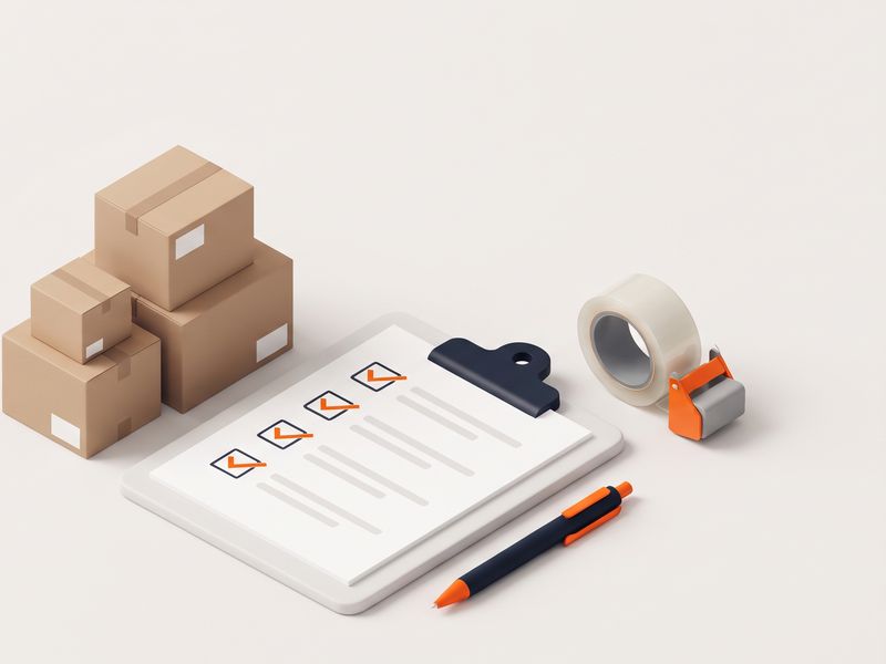 Illustration: Klemmbrett mit abgehakter Liste neben Umzugskartons