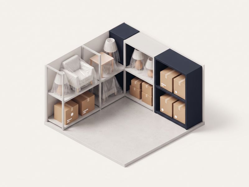 Illustration: Lagerregal mit eingepackten Möbeln und Kartons