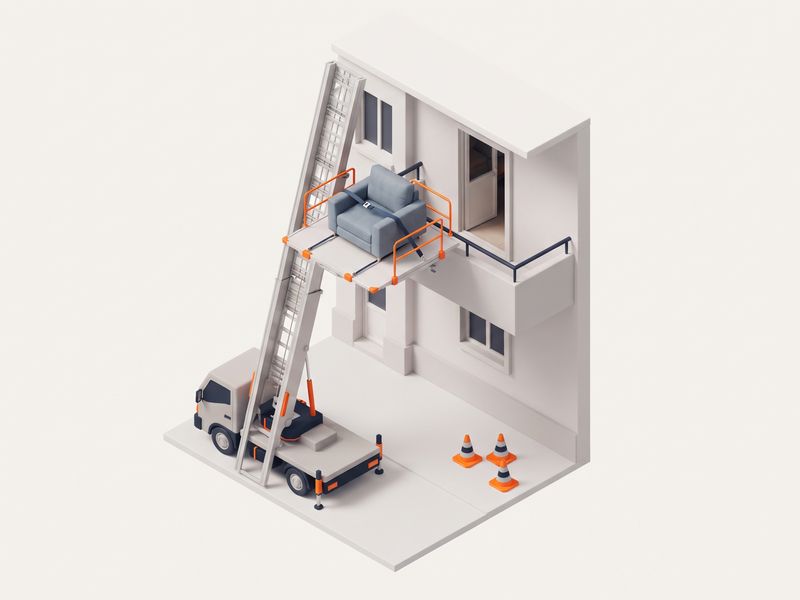 Illustration: Möbellift mit Sessel auf der Plattform am Balkon