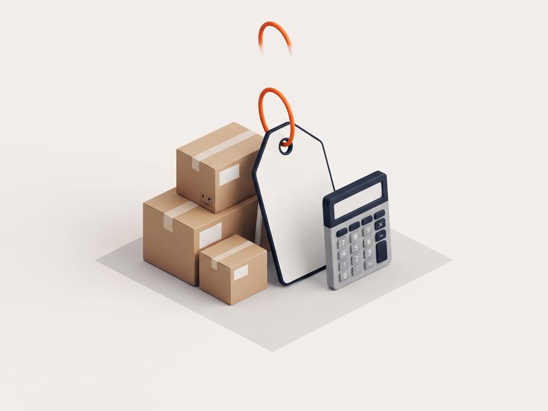 Illustration: Umzugskartons mit Preisschild und Taschenrechner