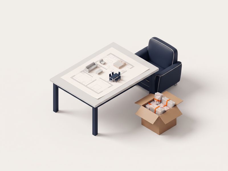 Illustration: Grundriss mit Möbeln und verpackten Erinnerungsstücken