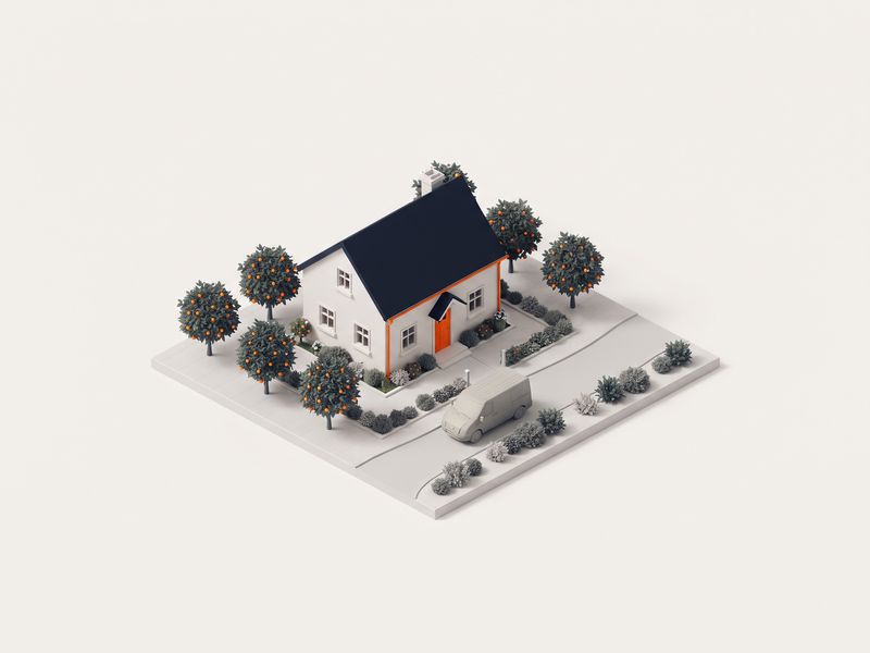 Illustration: Bauernhaus mit Obstbäumen und Umzugswagen
