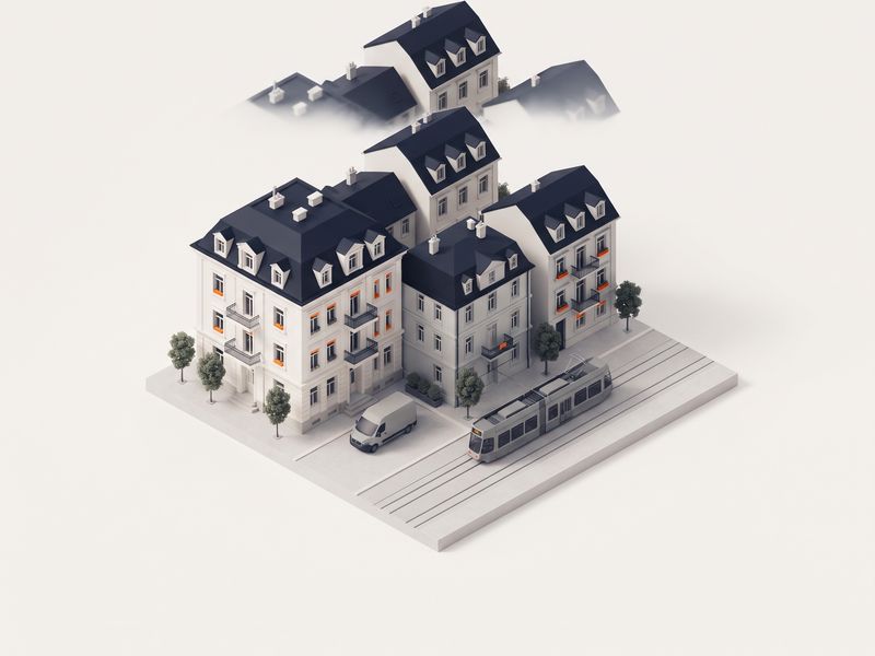 Illustration: Zürcher Wohnblock mit Tram und Umzugswagen