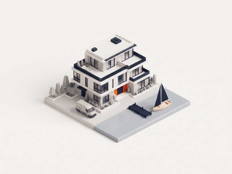 Illustration: Wohnhaus am See mit Umzugswagen